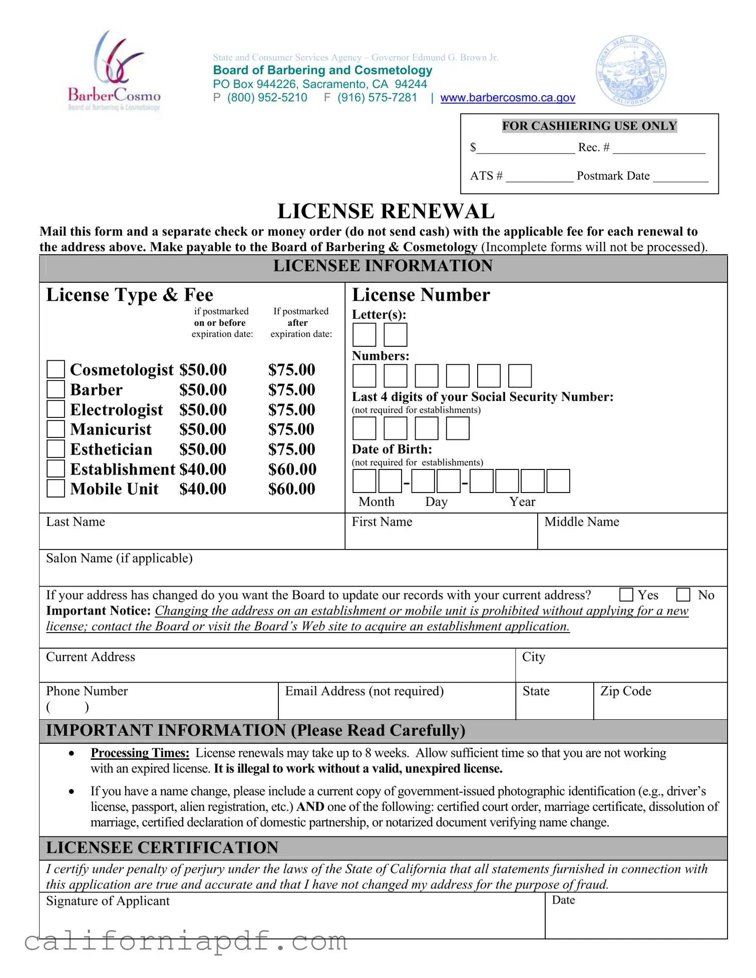 Fill a Valid Cosmetology License Renewal California Form