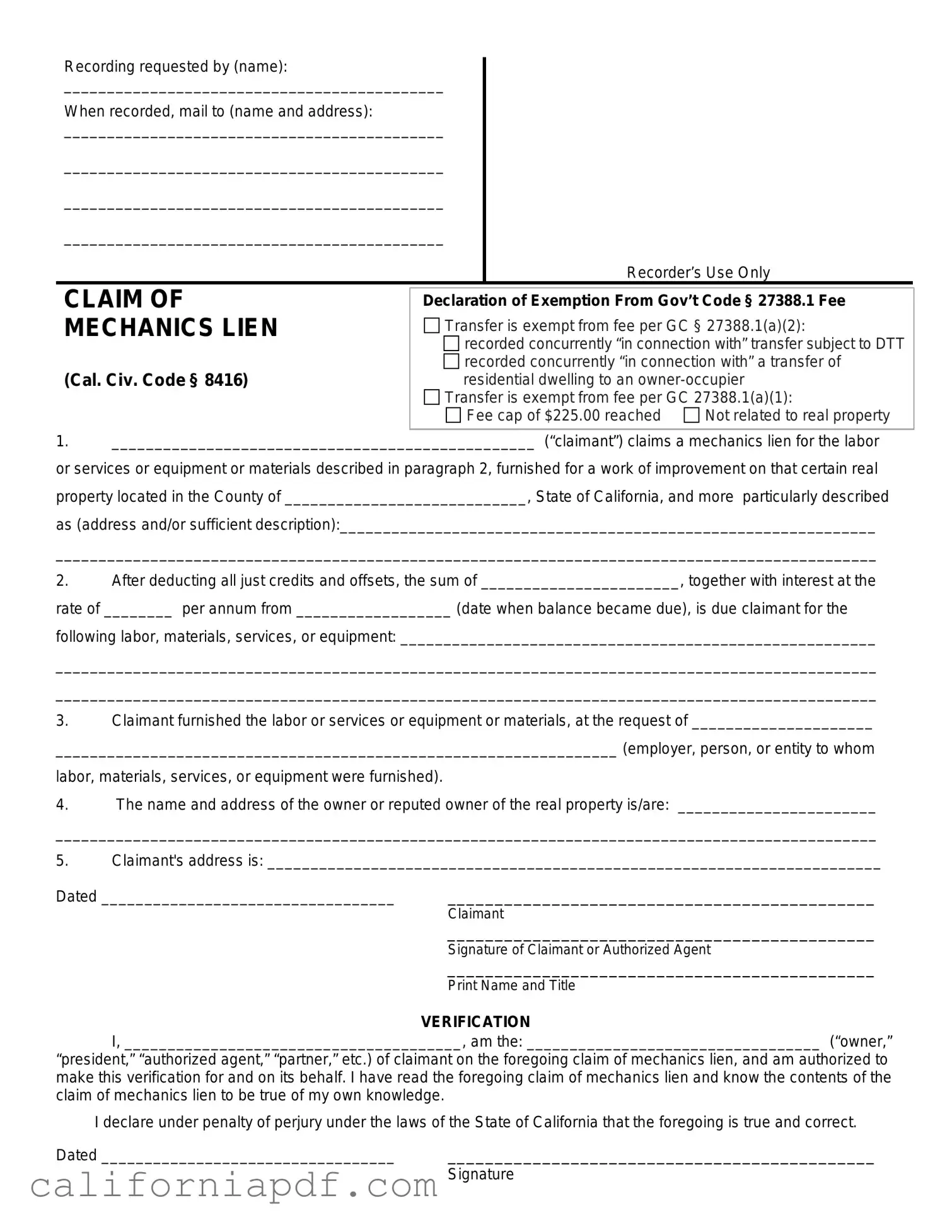 Fill a Valid Mechanics Lien California Form