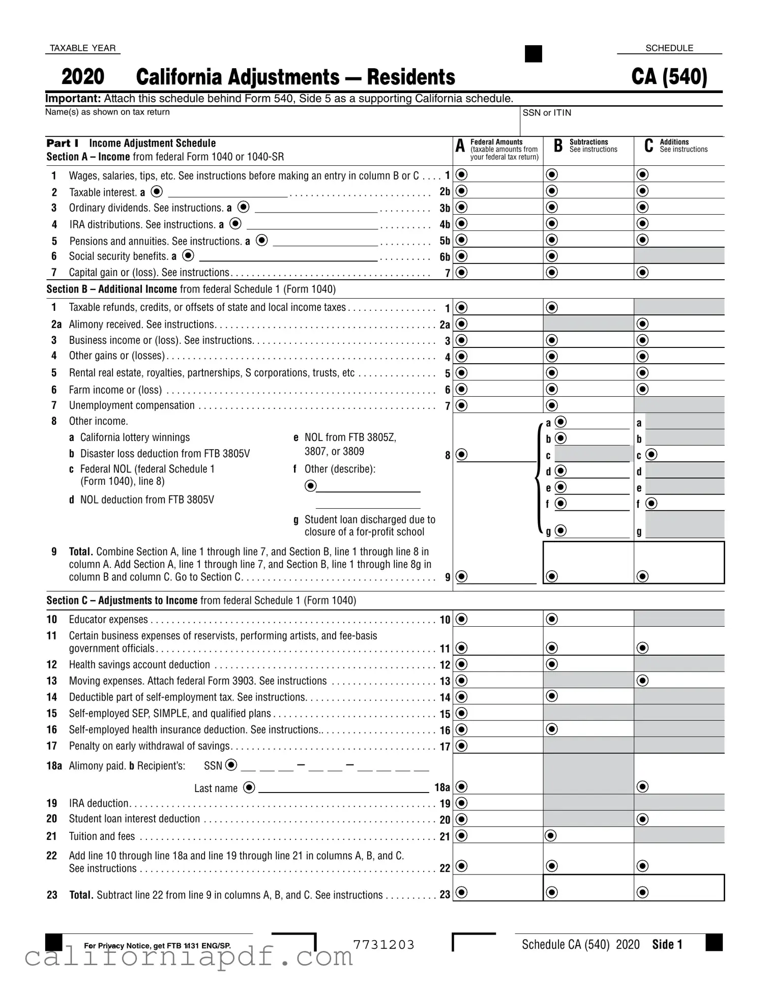 Fill a Valid Schedule California 540 Form