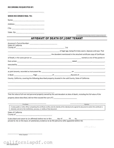 Fill a Valid California Death of a Joint Tenant Affidavit Form