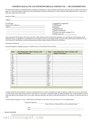 Fill a Valid California Sales Tax Certificate Form